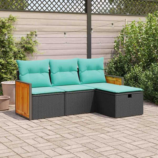 vidaXL 4-tlg. Garten-Sofagarnitur mit Kissen Schwarz Poly Rattan