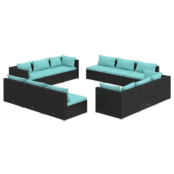 vidaXL 12-tlg. Garten-Lounge-Set mit Kissen Poly Rattan Schwarz