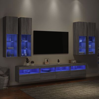 vidaXL 7-tlg. TV-Wohnwand mit LED-Leuchten Grau Sonoma