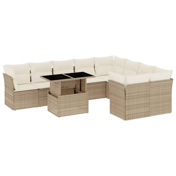 vidaXL 10-tlg. Garten-Sofagarnitur mit Kissen Beige Poly Rattan