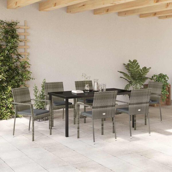 vidaXL Garten Essgruppe mit Kissen 7 pcs Grau Poly-Rattan