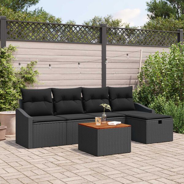 vidaXL Garten-Sofa-Set mit Kissen 6 pcs Schwarz Poly Rattan