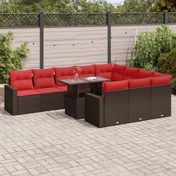 vidaXL 11-tlg. Garten-Sofagarnitur mit Kissen Braun Poly Rattan Akazie