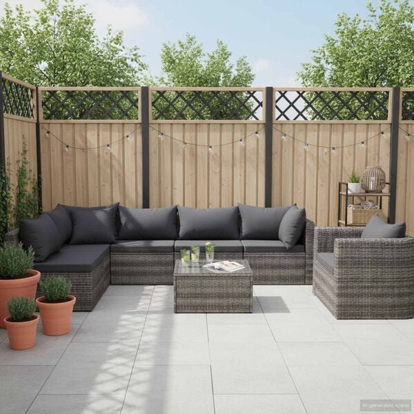 vidaXL 7-tlg. Garten-Sofagarnitur mit Polster&Kissen Poly Rattan Grau