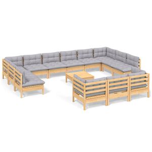 vidaXL 14-tlg. Garten-Lounge-Set mit Grauen Kissen Kiefernholz