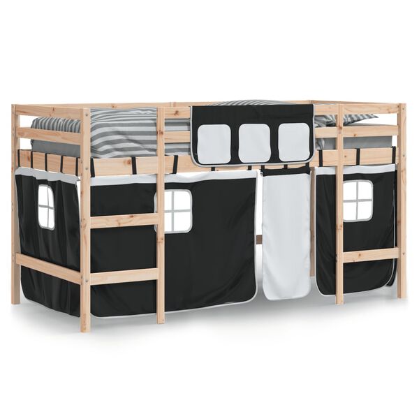 vidaXL Kinderhochbett mit Vorhängen Weiß Schwarz 90x200cm Kiefernholz