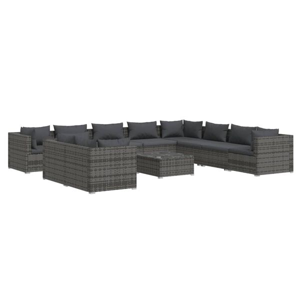 vidaXL 11-tlg. Garten-Lounge-Set mit Kissen Grau Poly Rattan