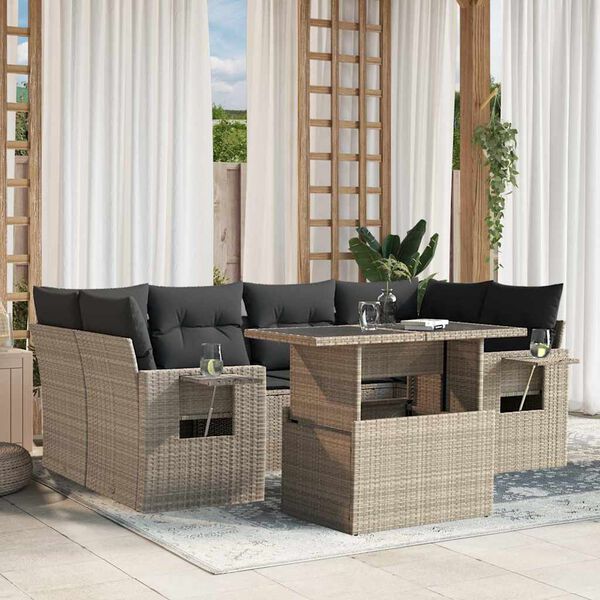 vidaXL 7-tlg. Garten-Sofagarnitur mit Kissen Hellgrau Poly Rattan