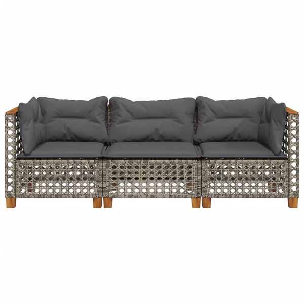 vidaXL Gartensofa mit Kissen 3-Sitzer Grau Poly Rattan