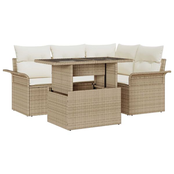 vidaXL Gartensofa-set mit Kissen mit Speicher 5 pcs Beige Poly Rattan