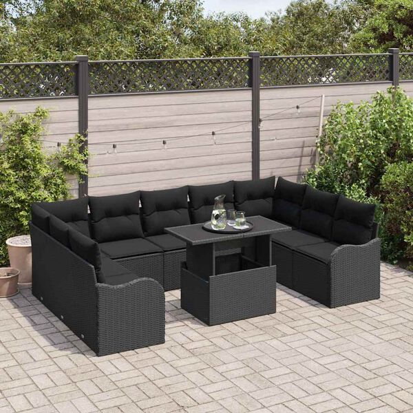 vidaXL Garten-Sofa-Set mit Kissen 10 pcs Schwarz Poly Rattan