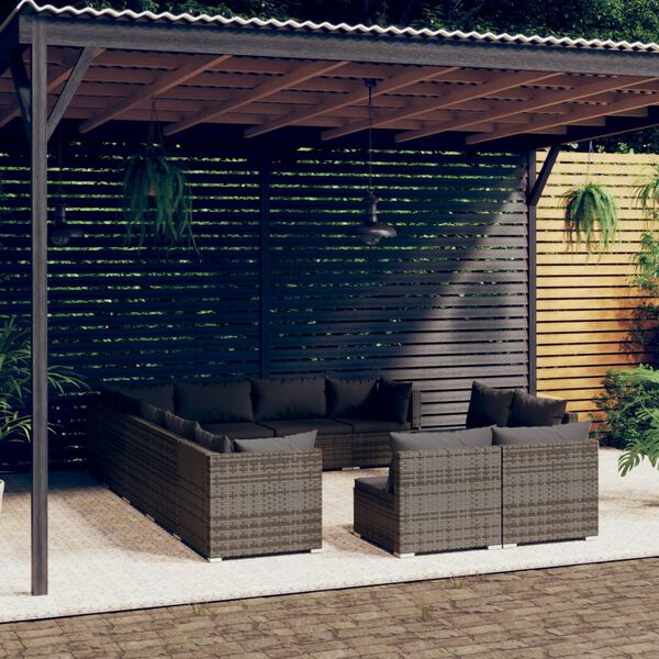 vidaXL 12-tlg. Garten-Lounge-Set mit Kissen Grau Poly Rattan