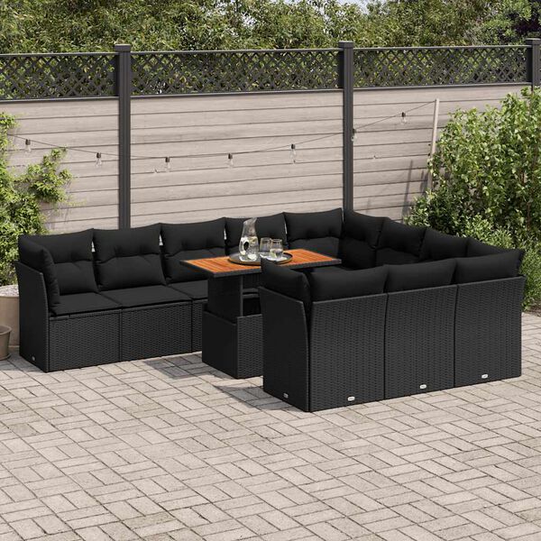 vidaXL 11-tlg. Garten-Sofagarnitur mit Kissen Schwarz Poly Rattan