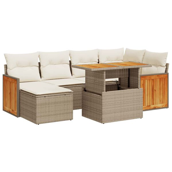 vidaXL 7-tlg. Garten-Sofagarnitur mit Kissen Beige Poly Rattan Akazie