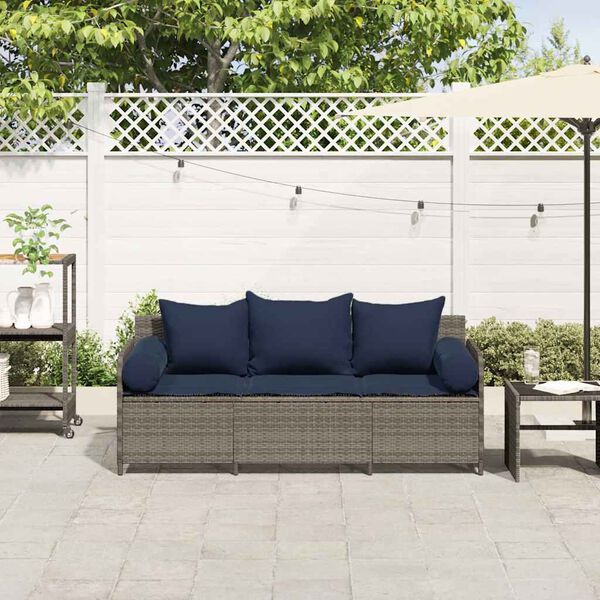vidaXL Gartensofa mit Kissen 3-Sitzer Grau Poly Rattan
