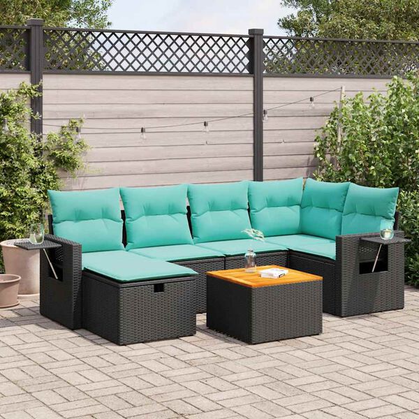 vidaXL 7-tlg. Garten-Sofagarnitur mit Kissen Schwarz Poly Rattan