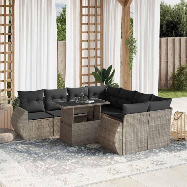 vidaXL 9-tlg. Garten-Sofagarnitur mit Kissen Hellgrau Poly Rattan