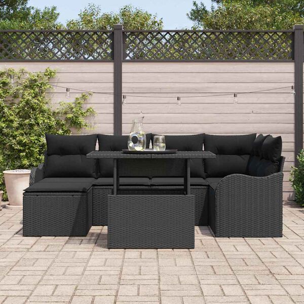 vidaXL Garten-Sofa-Set mit Kissen 7 pcs Schwarz Poly Rattan