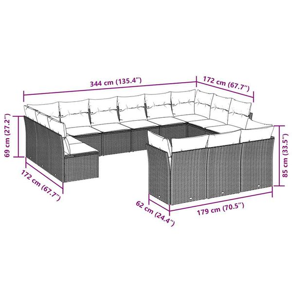 vidaXL 13-tlg. Garten-Sofagarnitur mit Kissen Hellgrau Poly Rattan