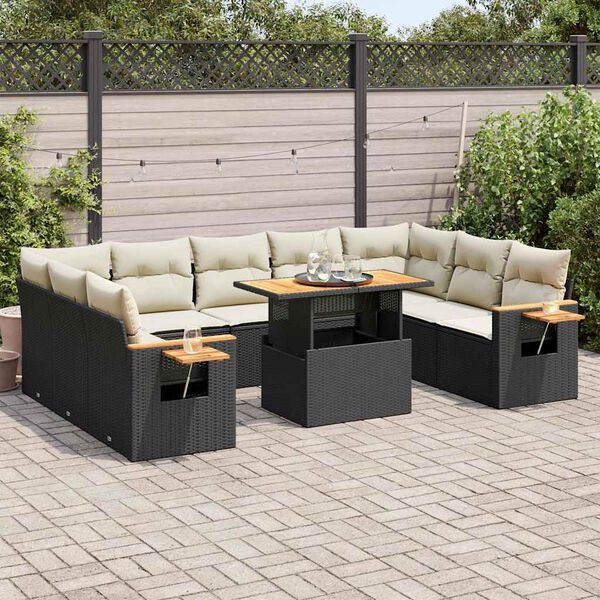 vidaXL 10-tlg. Garten-Sofagarnitur mit Kissen Schwarz Poly Rattan
