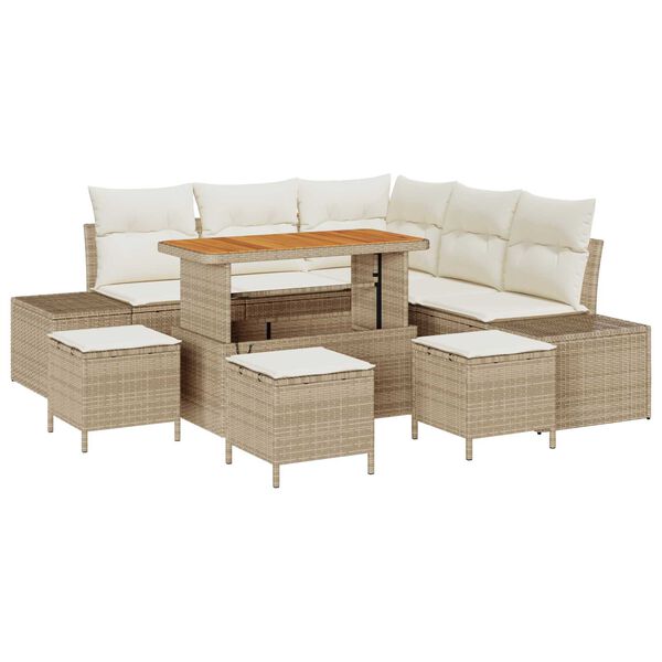 vidaXL Gartensofa-set mit Kissen mit Speicher 9 pcs Beige Poly Rattan