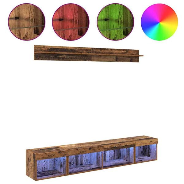 vidaXL TV-Wandregal-Set mit LED 5 pcs Altholz Holzwerkstoff