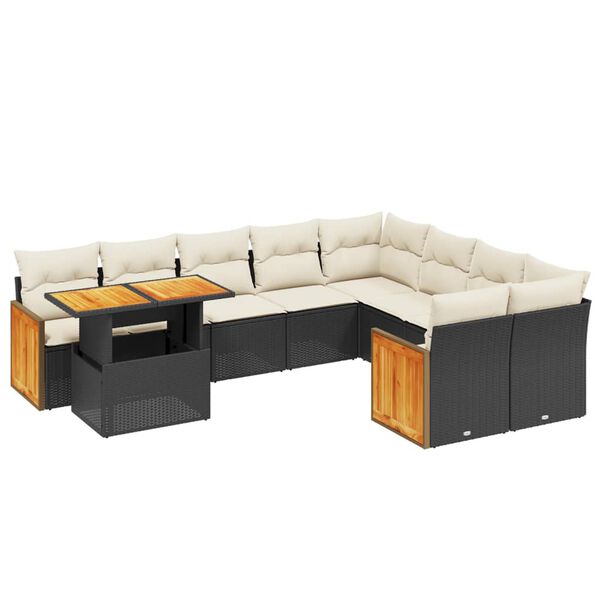 vidaXL 10-tlg. Garten-Sofagarnitur mit Kissen Schwarz Poly Rattan