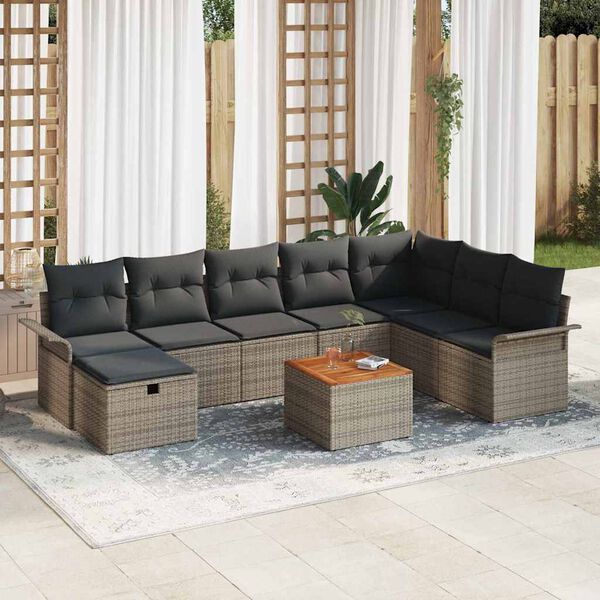 vidaXL Garten-Sofa-Set mit Kissen mit Speicher 9 pcs Grau Poly Rattan