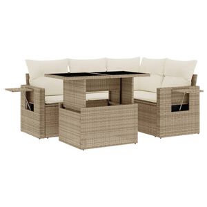 vidaXL 5-tlg. Garten-Sofagarnitur mit Kissen Beige Poly Rattan