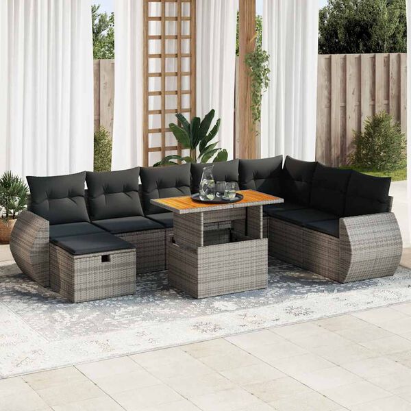 vidaXL 9-tlg. Garten-Sofagarnitur mit Kissen Grau Poly Rattan Akazie