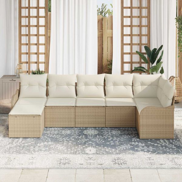 vidaXL Garten-Sofa-Set mit Kissen 7 pcs Beige und Wei&szlig; Poly Rattan