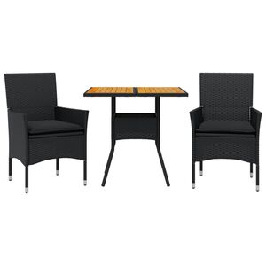 vidaXL 3-tlg. Garten-Essgruppe mit Kissen Schwarz Poly Rattan Akazie