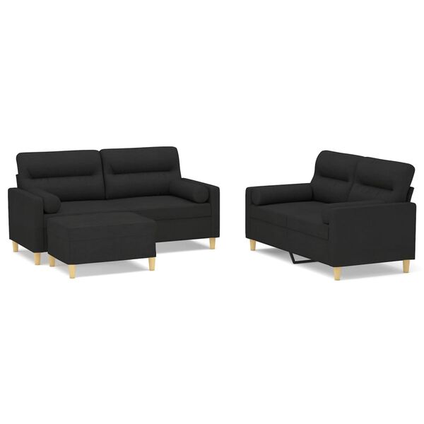 vidaXL 3-tlg. Sofagarnitur mit Kissen Schwarz Stoff