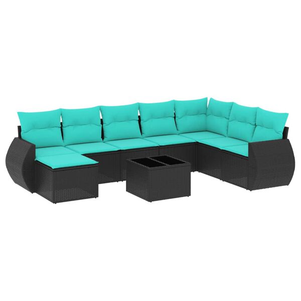 vidaXL 9-teiliges Gartensofa-Set mit Kissen, schwarzes Polyrattan
