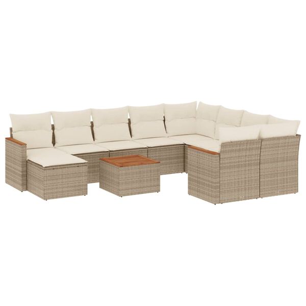 vidaXL 11-tlg. Garten-Sofagarnitur mit Kissen Beige Poly Rattan