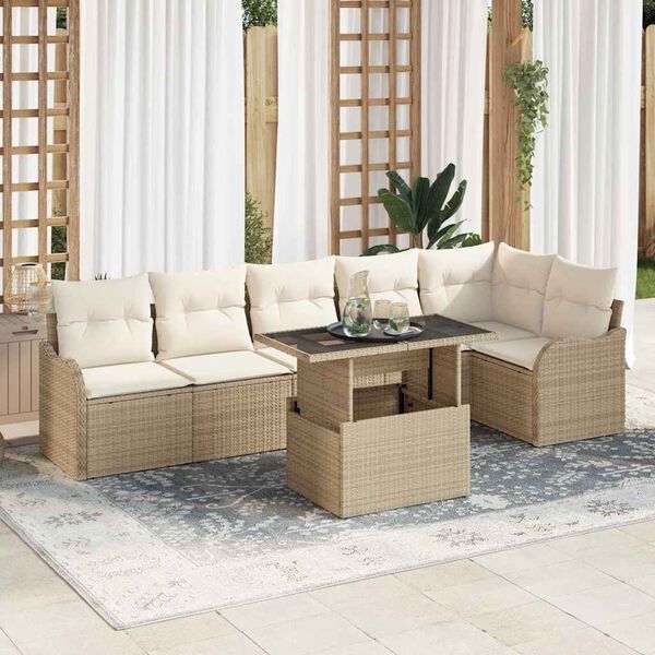 vidaXL Garten-Sofa-Set mit Kissen mit Kissen 7 pcs Beige Poly Rattan