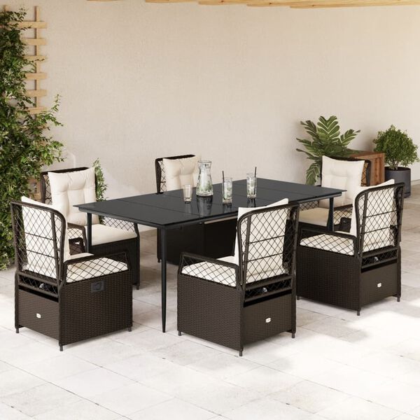 vidaXL 7-tlg. Garten-Essgruppe mit Kissen Braun Poly Rattan