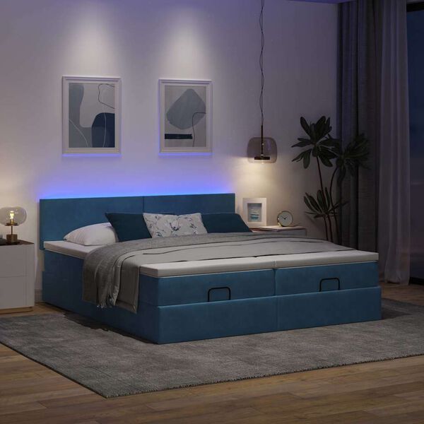 vidaXL Ottoman-Bett mit Matratzen & LEDs Dunkelblau 180x200 cm Samt