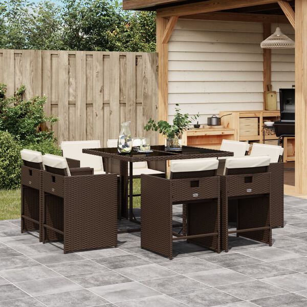 vidaXL 9-tlg. Garten-Essgruppe mit Kissen Braun Poly Rattan