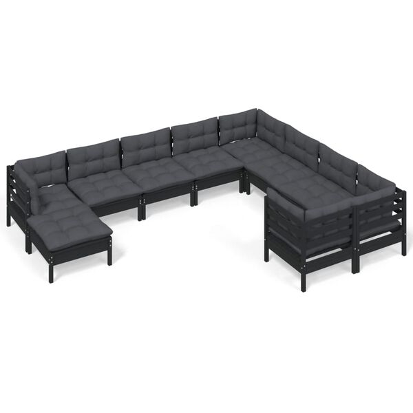 vidaXL 10-tlg. Garten-Lounge-Set mit Kissen Schwarz Kiefernholz