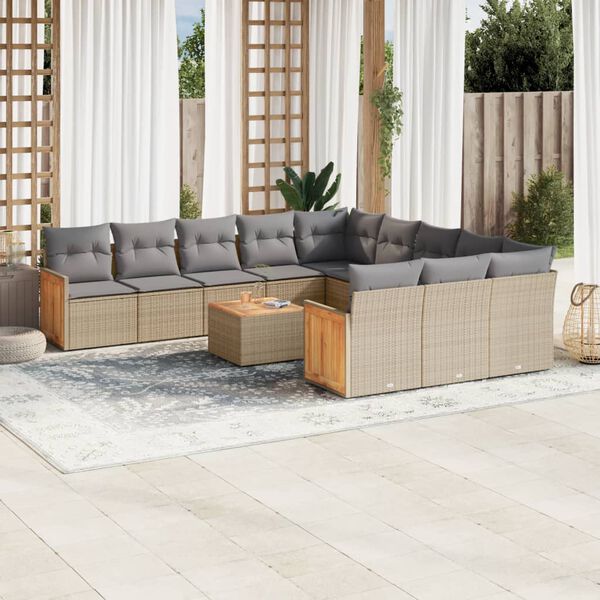 vidaXL 13-tlg. Garten-Sofagarnitur mit Kissen Beige Poly Rattan