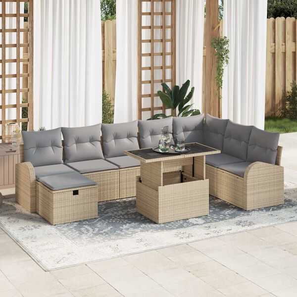 vidaXL Garten-Sofa-Set mit Kissen mit Speicher 9 pcs Beige Poly Rattan