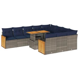 vidaXL 11-tlg. Garten-Sofagarnitur mit Kissen Grau Poly Rattan Akazie