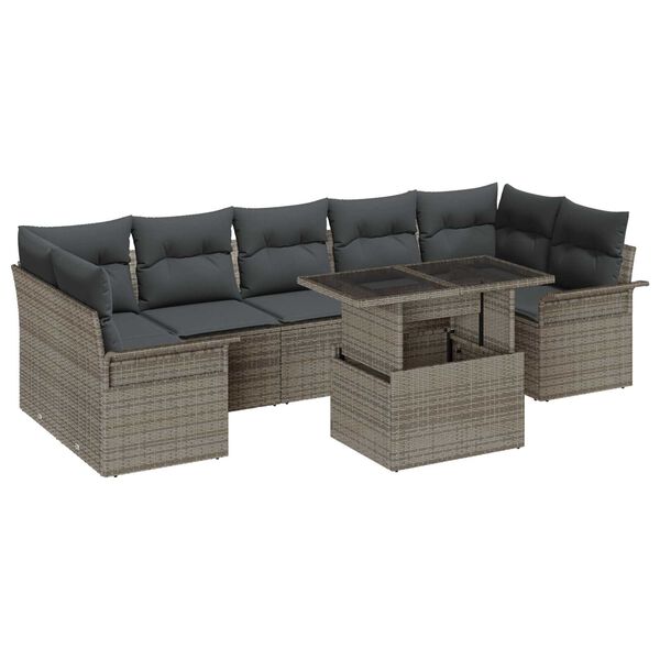 vidaXL Garten-Sofa-Set mit Kissen mit Speicher 8 pcs Grau Poly Rattan