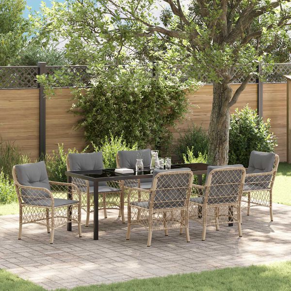 vidaXL Garten Essgruppe mit Kissen 7 pcs Beige Poly-Rattan