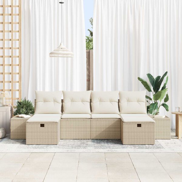 vidaXL Gartensofa-set mit Kissen mit Speicher 6 pcs Beige Poly-Rattan