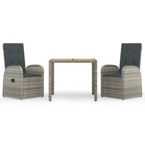 vidaXL 3-tlg. Garten-Essgruppe mit Kissen Grau Poly Rattan