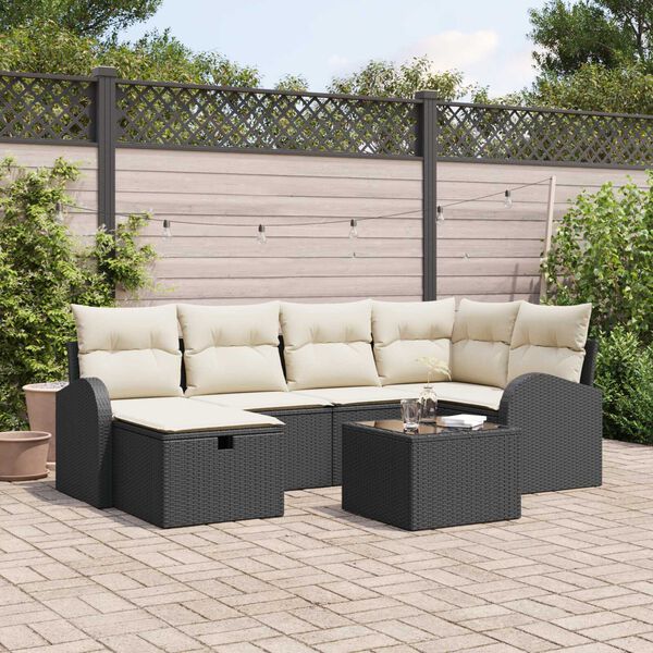 vidaXL Garten-Sofa-Set mit Kissen 7 pcs Schwarz Poly Rattan