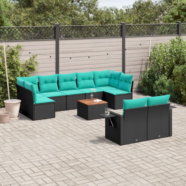 vidaXL 10-teiliges Gartensofa-Set mit Kissen, schwarzes Polyrattan