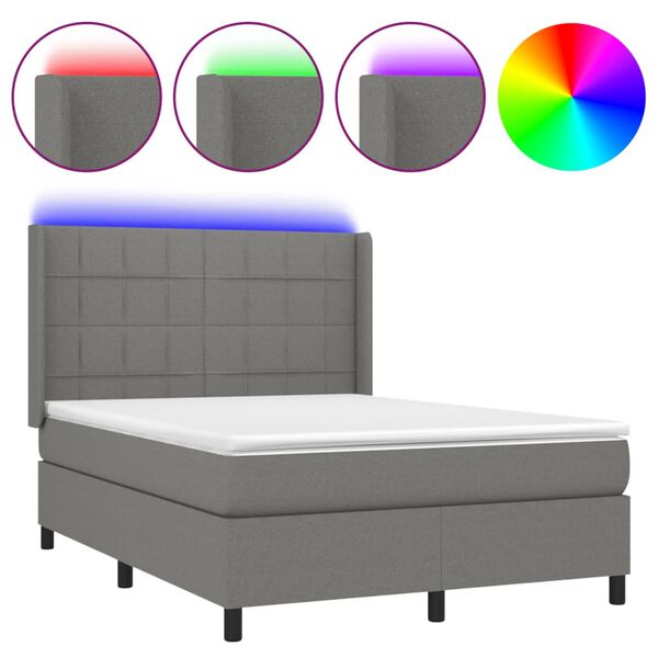 vidaXL Boxspringbett mit Matratze & LED Dunkelgrau 140x190 cm Stoff